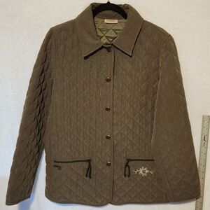 Landhaus Women's M Olive Green Quilted Jacket Embroidered Zip Pockets Trachten